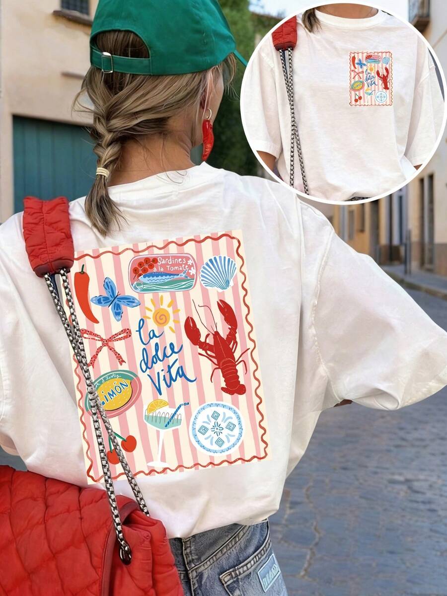 Doppelseitiger Druck auf Vorder- und Rückseite, T-Shirt mit -Print "Summer Sweet Life", lässiges Kurzarm-Oberteil mit Rundhalsausschnitt, Stoff, modische Damenbekleidung. - Weiß - Übersicht 1
