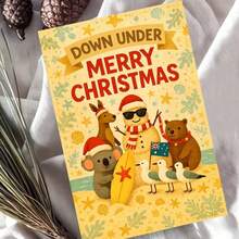 1 Greeting Card + 1 Envelope Cheerful Australian Christmas Greeting Card, Beach Animals With Surfboard "Down Under Merry Christmas", For Friends, Summer Holiday Vintage Style Festive Card. - View 1