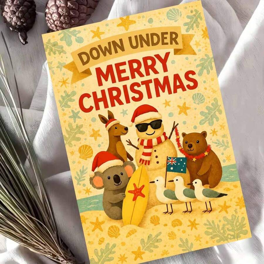 1 Greeting Card + 1 Envelope Cheerful Australian Christmas Greeting Card, Beach Animals With Surfboard "Down Under Merry Christmas", For Friends, Summer Holiday Vintage Style Festive Card. - View 1
