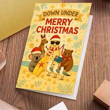 1 Greeting Card + 1 Envelope Cheerful Australian Christmas Greeting Card, Beach Animals With Surfboard "Down Under Merry Christmas", For Friends, Summer Holiday Vintage Style Festive Card. - View 7
