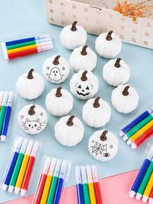 24/48pcs Handmade Pumpkin Craft Set, Includes 1 White Painting Pumpkin + Paintbrush. Can Create Colorful Pumpkins, Ghost Faces, Little Ghosts And Other Designs, Suitable For Autumn And Halloween Decoration, Party Favors And Craft Projects - Multicolor - View 2