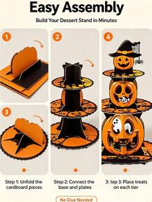 1 Set Halloween 3-Tier Cake Stand, Paper Tray, Handmade Foldable Assembly Cake Holder. Colorful Pumpkin Castle Suitable For Party Tabletop Decoration, Dessert Table Decoration Props. Party Dessert Tray, Display Rack. Halloween Party Essential. Dining Table Essential. Home Decor Essential. - Multicolor - View 5