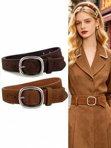 2/1pc New Women's Faux Suede PU Belt, Vintage Versatile American Style Brown Jeans Belt - Multicolor - View 1