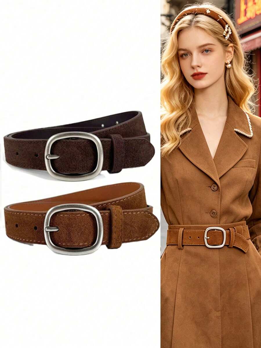 2/1pc New Women's Faux Suede PU Belt, Vintage Versatile American Style Brown Jeans Belt - Multicolor - View 1