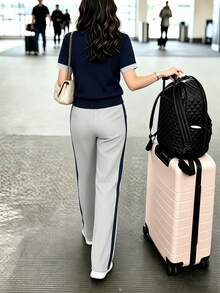春夏女款新款休閒百搭拼色學院風圓領短袖上衣搭配高腰寬鬆直筒長褲優雅套裝 - 灰色84+藏青46 - 查看 4