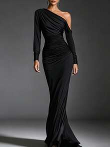 Vestido femenino más vendido unicolor negro hombros descubiertos falda larga sofisticado - Negro - Ver 1