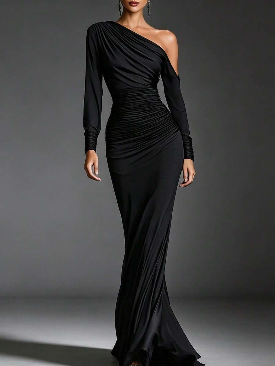 Vestido femenino más vendido unicolor negro hombros descubiertos falda larga sofisticado - Negro - Ver 1