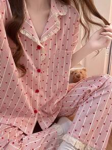 3pcs Women's Pajama Loungewear Set, Cardigan With Front Pocket, Star Print Short Sleeve, Shorts + Long Pants, All Season - Pink - View 9