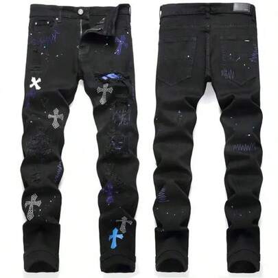 New Men Jeans Stretch Denim Pants  KUSjeans Ripped Unique Wash Embroidered American Streetwear Fashion