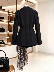Women's Autumn/Winter Elegant Commute Chiffon Leopard Print Blazer With Lining, Ribbon Patchwork Design, Double-Breasted Adjustable Waist Belt, Long Sleeve - Black - View 3