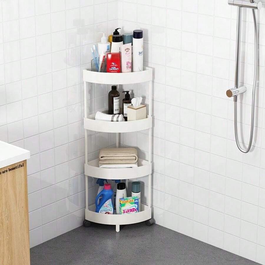 4-Tier White PP Plastic Corner Storage Rack With Detachable Wheels, Stable Floor Standing Multifunctional Organizer For Kitchen Bathroom Sundries Storage - View 1