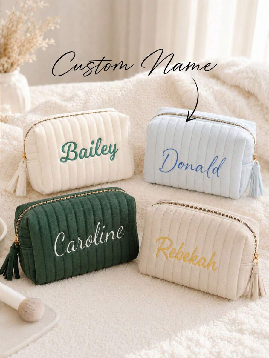 Embroidered Name Cosmetic Bag,Customized Corduroy Cosmetic Bag,Sanitary Napkin Storage Bag,Personalized Women's Gift,Travel Case,Bridesmaid Gift - Multicolor - View 1