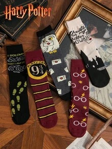 Warner Bros 5 Pairs Women's Autumn/Winter Socks, Harry Potter Magic School Element Print With Owl, School And Cartoon Design, Versatile Couple Style, Halloween Gift And Outfit Choice - Multicolor - View 4