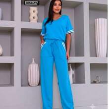 Women's Striped Sweatshirt And Pants Set With White Details, Comfortable Style - 泳池藍色 - 查看 2