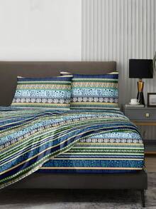 4-Piece Geometric White Heart Pattern Bedding Set, Easy Care Soft Bedding Set, Floral Fitted Sheet Set (1 Flat Sheet + 1 Fitted Sheet + 2 Pillowcases), Fitted Sheet Set, King/Queen/Full/Twin Size, Bed Sheet, Deep Pocket Up To 11.8 Inches, Pillowcases - Multicolor - View 2