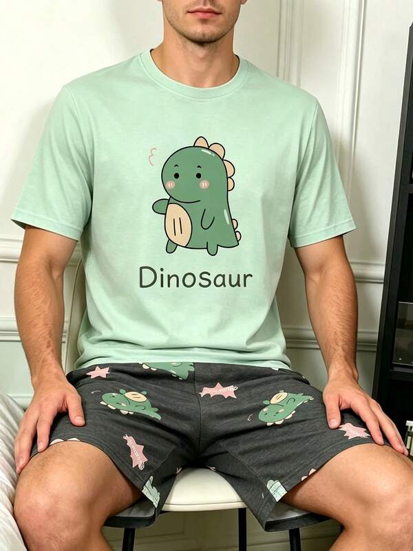 Herren Sommer Cartoon Dinosaurier Muster Kurzarm & Shorts Pyjama Set
