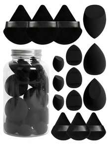 7er Set schwarze Make-up-Puffs in zufälligem Stil, doppelt verwendbarer trockener & nasser Schwamm, Make-up-Schwamm mit flockigem Dreieck-Puff, Studentin tägliches Make-up Anfänger Foundation Concealer Puder Fixierwerkzeug - Verschiedenfarbig - Übersicht 1