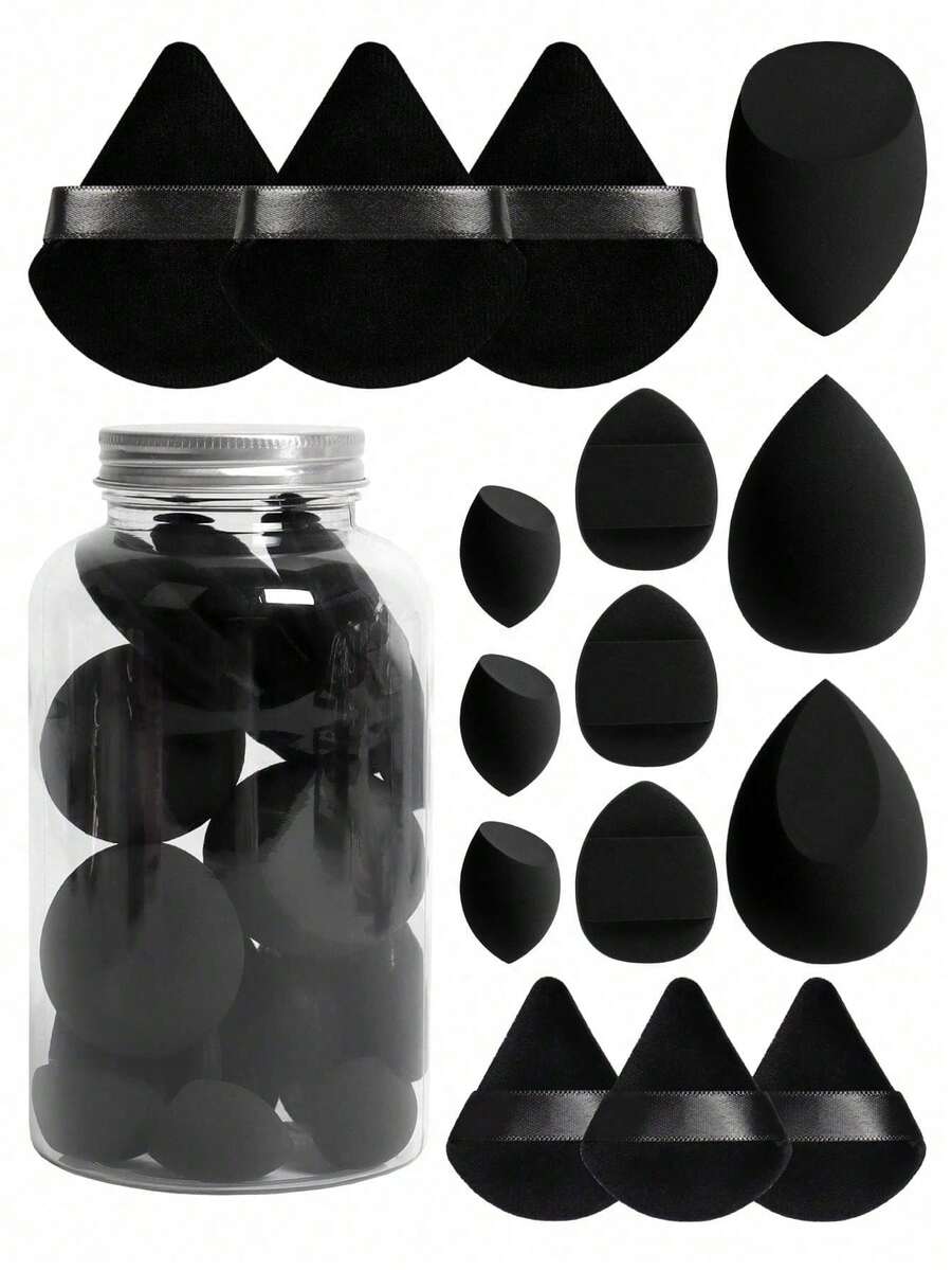 7er Set schwarze Make-up-Puffs in zufälligem Stil, doppelt verwendbarer trockener & nasser Schwamm, Make-up-Schwamm mit flockigem Dreieck-Puff, Studentin tägliches Make-up Anfänger Foundation Concealer Puder Fixierwerkzeug - Verschiedenfarbig - Übersicht 1