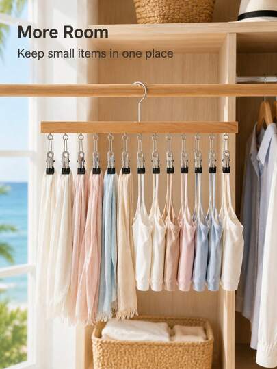 Space-Saving 12-Clip Solid Wood Pant Hanger-Equipped With Strong, Non-Slip Metal Clips For A Secure Hold; A Versatile Organizer For Trousers, Jeans, Hats, Shorts, And Socks; Ideal For Use In Walk-In Closets, Bathrooms, And On Balconies.