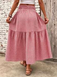Rok Panjang Wanita Motif Kotak-kotak Merah dengan Detail Kerut, Pinggang Tinggi, Berlapis, dan Mengalir, Rok Maxi Kasual Model A-Line - Kotak-kotak merah dan putih - View 2