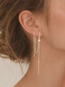 GLIMMER GI 1 Pair Women's S925 Sterling Silver Low-Allergy Four-Pointed Star Long Ear Thread Earrings, Elegant Versatile Minimalist New Style For Ear Piercing, Suitable For Daily Wear/Vacation/Valentine's Day/Birthday/Mother's Day Gift [Gift Box Included] - Silver - View 12