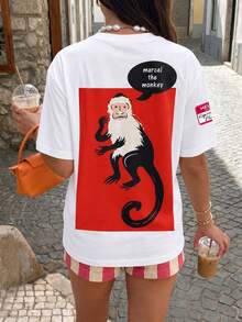 SHEIN X FRIENDS White Double-Sided Friends Oversized Tee, Back Red Background Marcel The Monkey Cartoon Print Loose Casual Top Summer - White - View 2