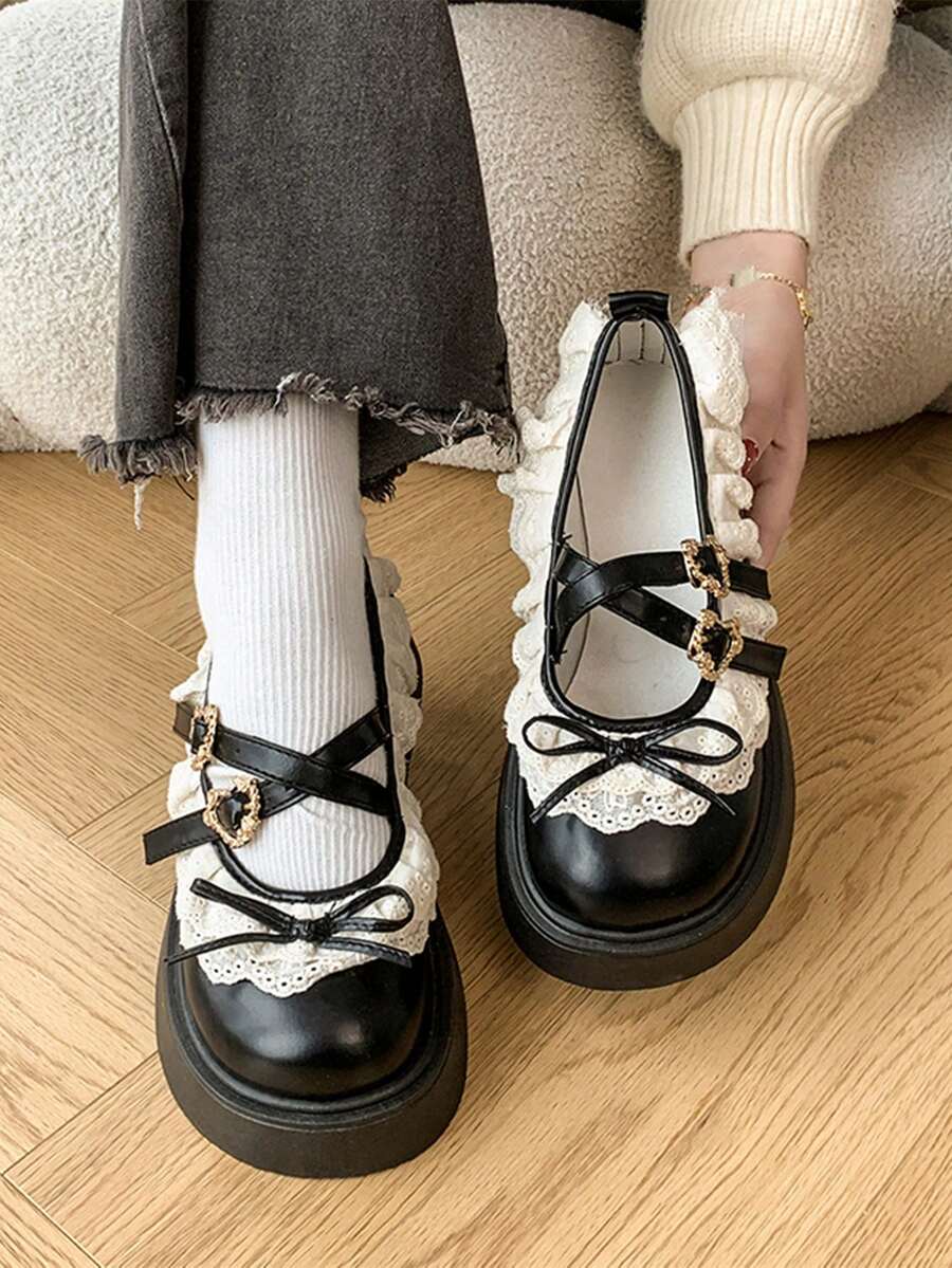 女款粗底坡跟瑪麗珍鞋,復古時尚百搭甜美蝴蝶結綁帶鞋 - 黑色 - 查看 1