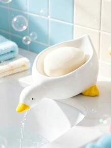 Duck-Shaped Soap Dish, Multi-Functional Cosmetic And Jewelry Storage Tray, White And Yellow Desktop Decor, Bathroom Accessory, Non-Slip Soap Holder, Vanity Storage Tray, Minimalist Home Essential, Bathroom Must-Have - Multicolor - View 2