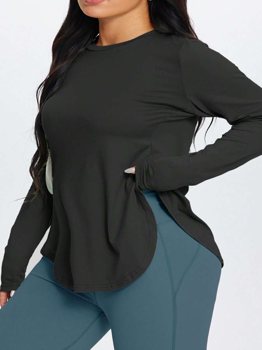 1pc Plus Size Women's Side Slit Crew Neck Long Sleeve T-Shirt, Elastic Regular Shoulder Slimming Solid Color Minimalist Black Sports