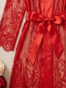 Spring/Summer Lace Trim Comfortable Soft Robe With Waist Tie For Women, All-Season Party Pajamas - Red - View 6