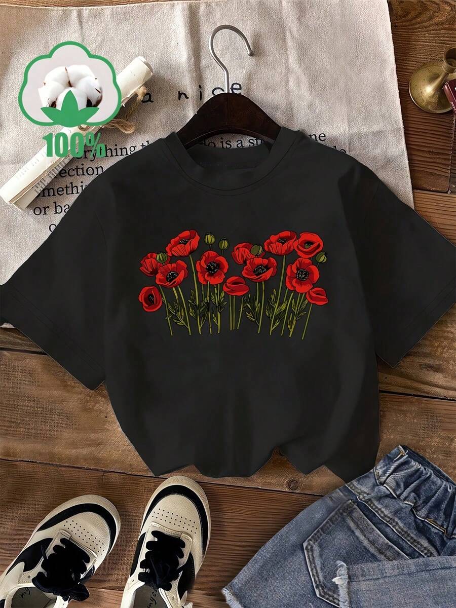 T-shirt con stampa Papaver Rhoeas, motivo floreale vintage, stile pastorale, t-shirt casual a maniche corte per donna in primavera/estate, t-shirt premium in puro cotone a maniche - nero - Visualizzare 1