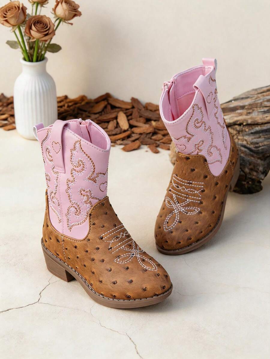 1 Pair Girls Brown Pink Two Tone Embroidery Western Cowboy Ankle Boots, Spring Autumn Kids Footwear - Pink - View 1