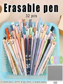 32pcs Bear Pattern Erasable Pen Set [10 Pens + 20 Refills + 2 Erasers/32 Refills] Neutral Pens, Random Pattern Bear Neutral Pens, First Day Of School - Multicolor - View 10