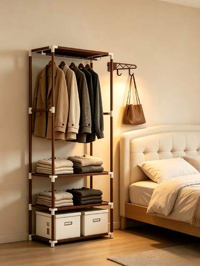 Freestanding Metal Clothes Rack, Heavy Duty Garment Organizer With Hanging Rod, Side Hooks & Multi-Tier Storage Shelves, Open Wardrobe For Entryway Bedroom Living Room, Perfect For Family Daily Clothes Bags Shoes Storage