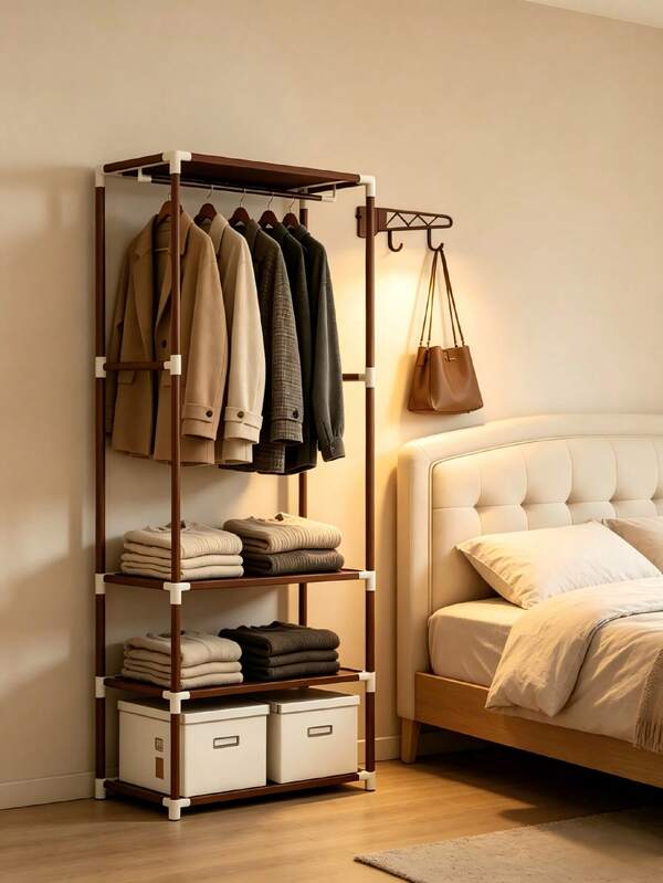 Vrijstaande metalen kledingrek, zware kledingorganizer met hangstang, zijhaken en meerlaagse opbergplanken, open garderobe voor hal, slaapkamer, woonkamer, perfect voor dagelijkse kleding, tassen en schoenenopslag voor het hele gezin