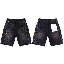 Purple Jeans Solid Color Denim Shorts, A Simple And Versatile Style With Partial Rhinestone Embellishments, - 黑色 - 查看 1