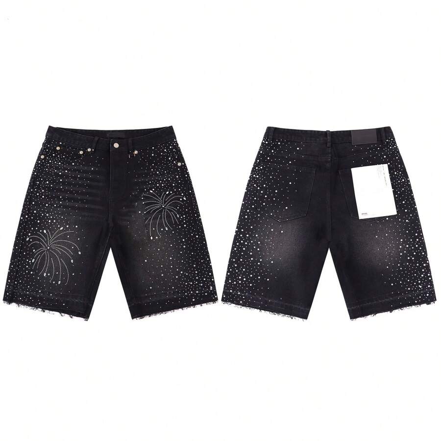 Purple Jeans Solid Color Denim Shorts, A Simple And Versatile Style With Partial Rhinestone Embellishments, - 黑色 - 查看 1