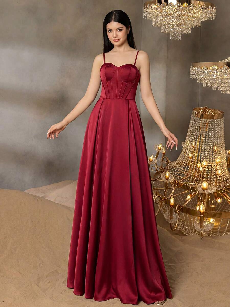 ALISA&LEO Exquisite Spaghetti Strap Snug Fit Corset Long Dress, Suitable For Teenagers, A-Line Formal Gown, Appropriate For Prom, Wedding, Graduation Ball And Anniversary Celebration - Burgundy - View 1