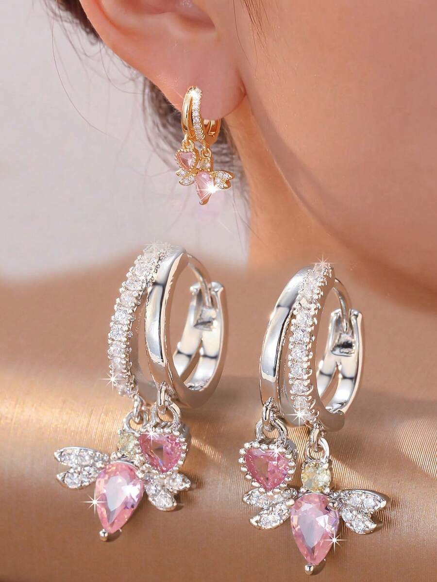 1 Pair Sweet Cool Pink Zirconia Heart Teardrop Wing Double Pendant Double Layer Earrings, Suitable For Women's Spring Date And Daily Wear