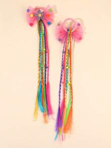 2PCS Mesh Bow Elastic Ties Colorful Ponytail Hair Scrunchies, Sweet Hair Ties, Braided Hair Bands Dreadlocks1 Beads Random Color, Girls Gift Kids - Multicolor - View 6