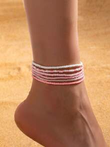 6 piezas/Set Tobilleras de mujer estilo bohemio de vacaciones lindas y coloridas con cuentas - Rosa - Ver 1