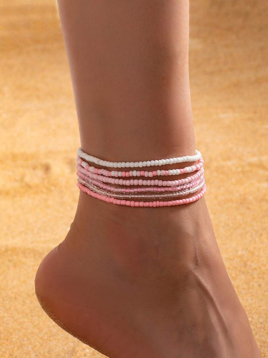 6 piezas/Set Tobilleras de mujer estilo bohemio de vacaciones lindas y coloridas con cuentas - Rosa - Ver 1