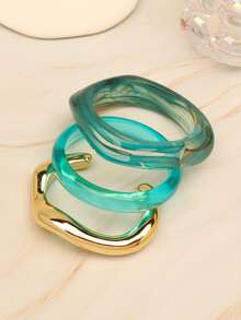 3pcs Bold Asymmetric Green Acrylic Bracelets, Suitable For Women, Decorated With Gold CCB Round Accents, Perfect For Casual Daily Wear - Baby Blue - View 4