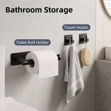 Drill-Free Space-Saving Bathroom Set, Includes Matte Black Toilet Paper Holder And Multi-Functional Waterproof Rust-Proof Wall-Mounted Storage Rack, Suitable For Towels, Bathrobes And Toilet Paper, Ideal For Bathroom And Shower Room,Bedroom Room Decor,Back To School - Black - View 4