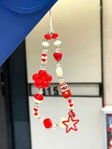 1pc Red White Beaded Phone Lanyard Cute Flower Heart Star Fries Charm Wrist Strap Y2K Aesthetic Phone Chain For Girls - Multicolor - View 2