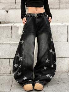 1 buah Celana Jeans Denim Wanita Gaya Jalanan Jepang Patchwork Motif Bunga Laser Longgar Model Kepompong Kaki Lebar, Kasual Sepanjang Musim - Hitam - View 1