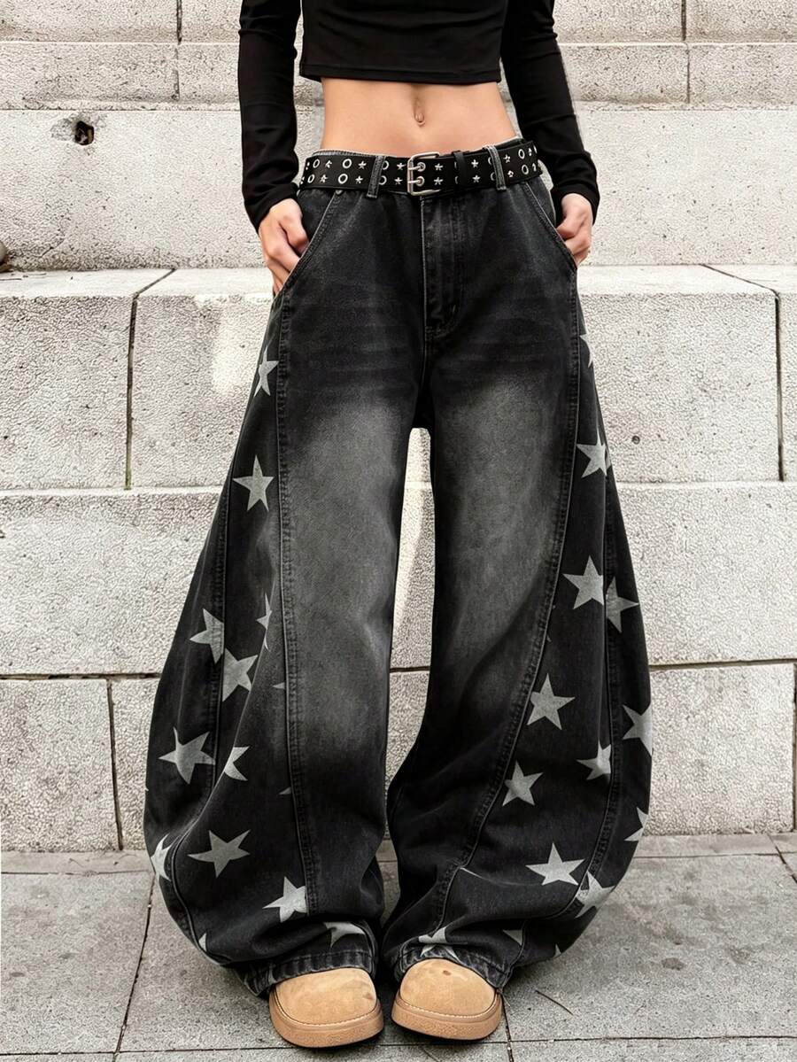 1 buah Celana Jeans Denim Wanita Gaya Jalanan Jepang Patchwork Motif Bunga Laser Longgar Model Kepompong Kaki Lebar, Kasual Sepanjang Musim - Hitam - View 1
