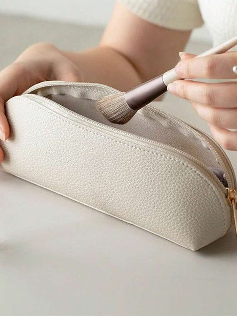 Minimalist Lychee Texture Makeup Brush Bag Large Capacity Portable Makeup Tool Storage Pouch - Multicolor - View 1