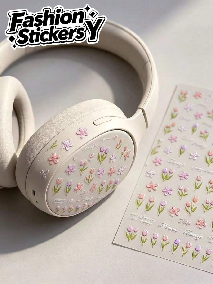 1pc Fresh Tulip Small Flower Sticker, Pink & White Tulip With English Short Phrase Sticker, Suitable For Decorating , Camera, Water Bottle, Phone, Tablet, Notebook, Gentle & Healing Style - Fresh Tulip Flowers - View 1