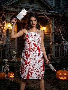 1 Set Horror Halloween Polyester Apron With Blood Stains And Chef Knife, Fun Role Play Apron, Bar Party Halloween Supplies, Chef Server Barber BBQ Adult Apron - A - View 1